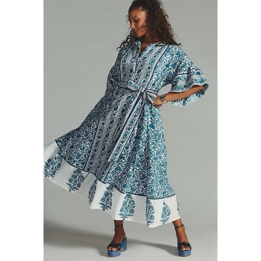 Sue Sartor Palladio Kaftan Maxi Dress Blue Boho Chic Cottage Flounce Sleeves 1X